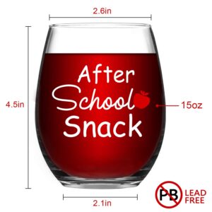 After School Snack 15Oz Stemless Wine Glass for Preschool, Elementary, High School Teacher, Professor, Teacher Appreciation Day