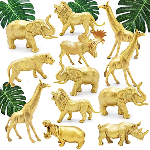 Metallic Gold Plastic Animal Figurines Toys, 12PCS Jumbo Safari Zoo Animal Figures, Jungle Wild Animals with Elephant, Lion, Giraffe for Baby Shower Decor, Safari Themed Birthday Party