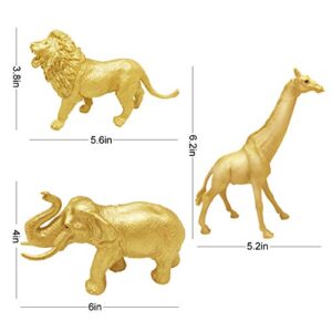 Metallic Gold Plastic Animal Figurines Toys, 12PCS Jumbo Safari Zoo Animal Figures, Jungle Wild Animals with Elephant, Lion, Giraffe for Baby Shower Decor, Safari Themed Birthday Party