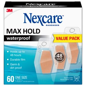 Nexcare Max Hold Waterproof Bandages, Stays On for 48 Hours, Flexible Bandages for Fingers, Knees and Heels - 60 Pack Clear Waterproof Bandages, 60 count (Pack of 1)