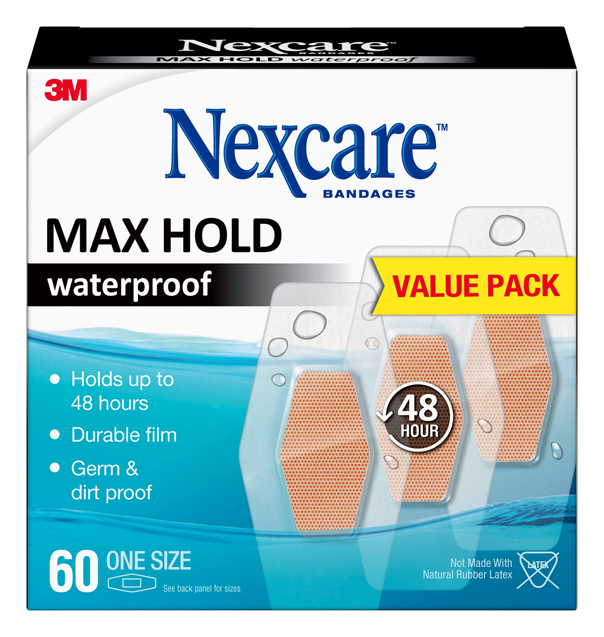 Nexcare Max Hold Waterproof Bandages, Stays On for 48 Hours, Flexible Bandages for Fingers, Knees and Heels - 60 Pack Clear Waterproof Bandages, 60 count (Pack of 1)