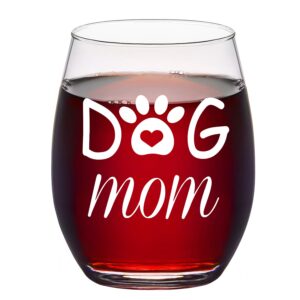 dog mom funny stemless wine glass 15oz for women, dog lover, mom, mother, wife from daughter son husband