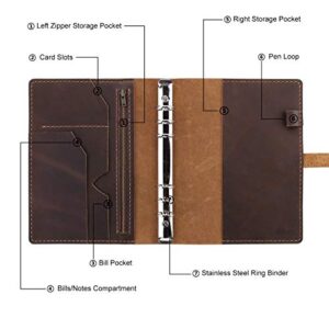 Refillable Leather Journal Writing Notebook, A5 Leather Travel Journal with Pockets, Vintage 6 Ring Binder Organizer Planner Portfolio, Best Travel Gifts - Brown