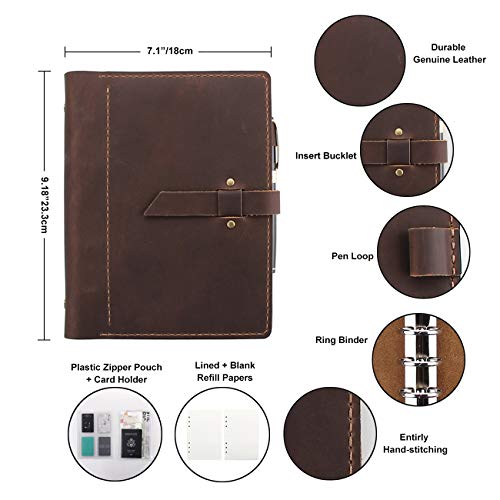 Refillable Leather Journal Writing Notebook, A5 Leather Travel Journal with Pockets, Vintage 6 Ring Binder Organizer Planner Portfolio, Best Travel Gifts - Brown