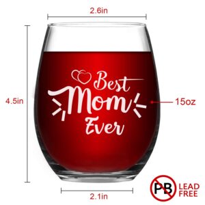 Mother's Day Gift - Best Mom Ever Stemless Wine Glass, Mom Wine Glass 15Oz - Birthday Gift, Mother's Day Gift for Women Mom Mother Wife from Daughter Son Husband