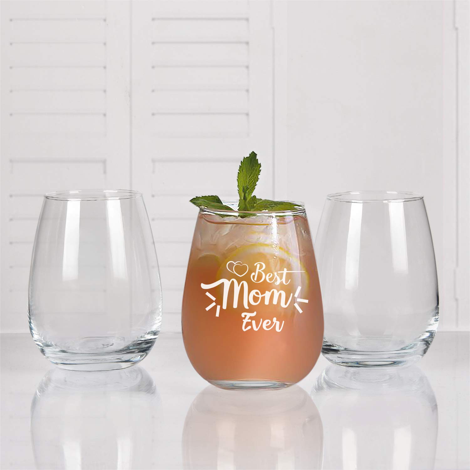 Mother's Day Gift - Best Mom Ever Stemless Wine Glass, Mom Wine Glass 15Oz - Birthday Gift, Mother's Day Gift for Women Mom Mother Wife from Daughter Son Husband