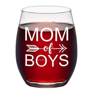 mom of boys funny stemless wine glass for mom mother wife from daughter son husband or daily use 15oz