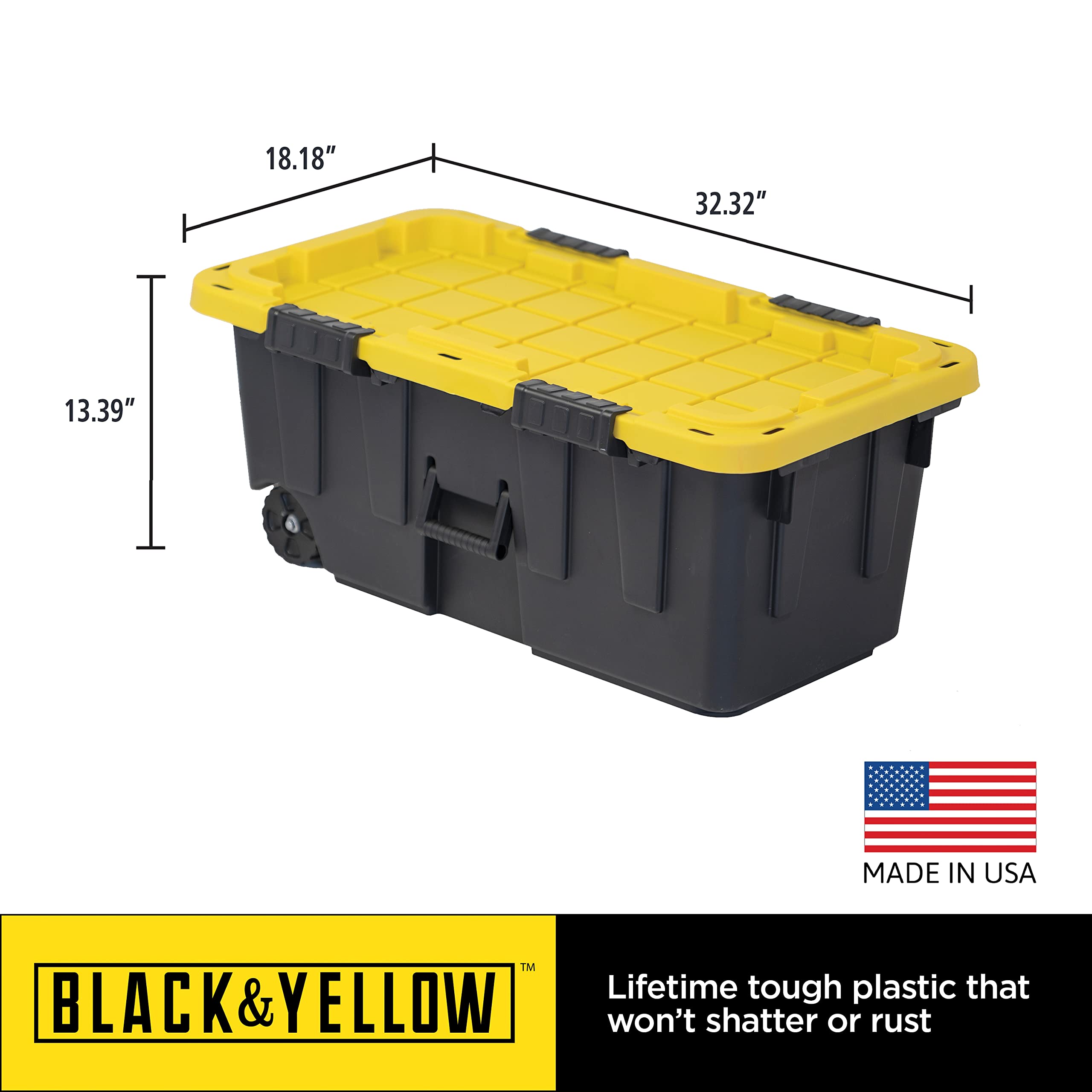 CX BLACK & YELLOW®, 20-Gallon Heavy Duty Tough Storage Footlocker & Snap-Tight Lid, (13.4”H x 18.2”W x 32.3”D), Weather-Resistant Design and Stackable Organization Tote [2 Pack]