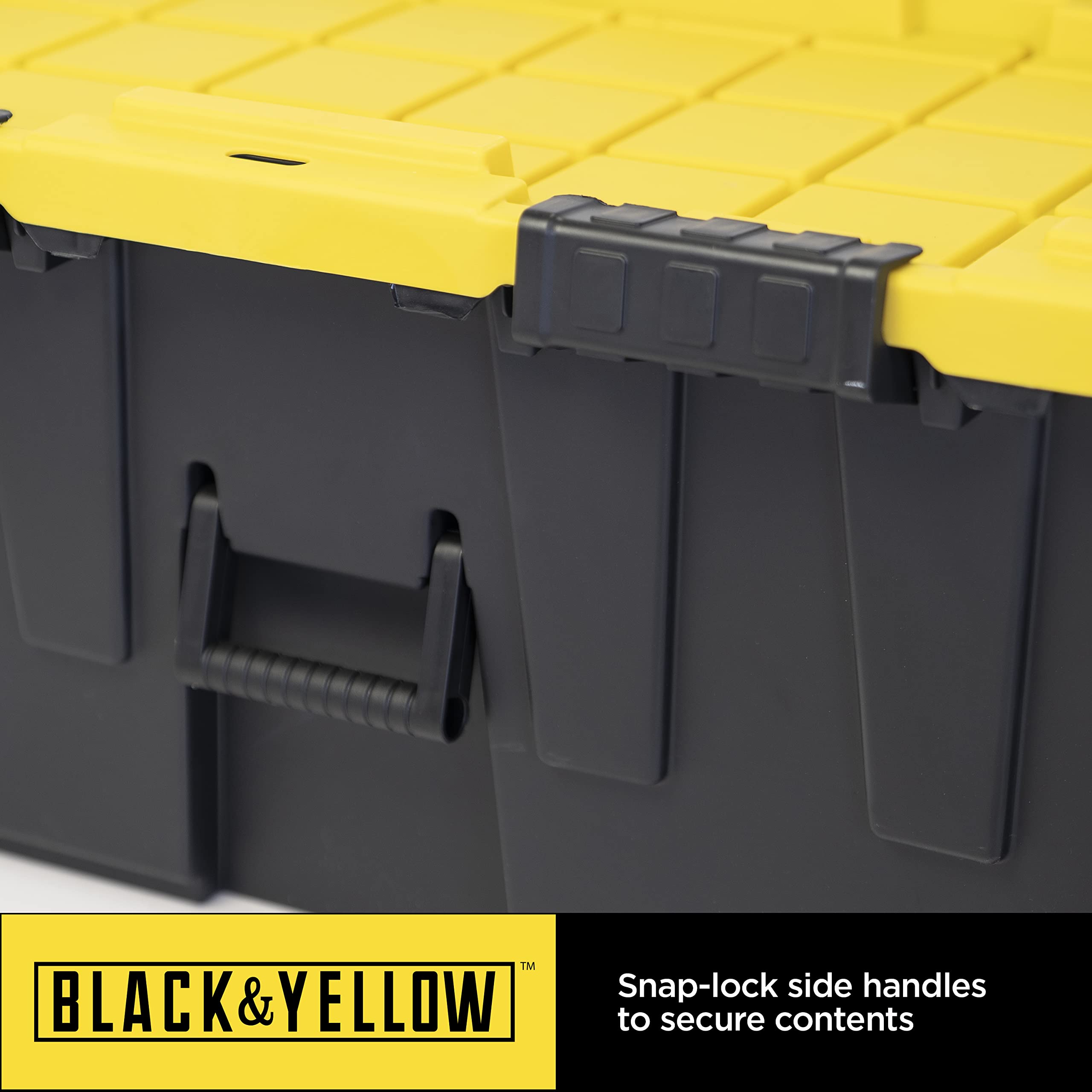 CX BLACK & YELLOW®, 20-Gallon Heavy Duty Tough Storage Footlocker & Snap-Tight Lid, (13.4”H x 18.2”W x 32.3”D), Weather-Resistant Design and Stackable Organization Tote [2 Pack]