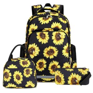 sunflower backpack girls floral school bookbag cute 3 in 1 backpack set with insulated lunch box and pencil case (sunflower 3 pieces - black)