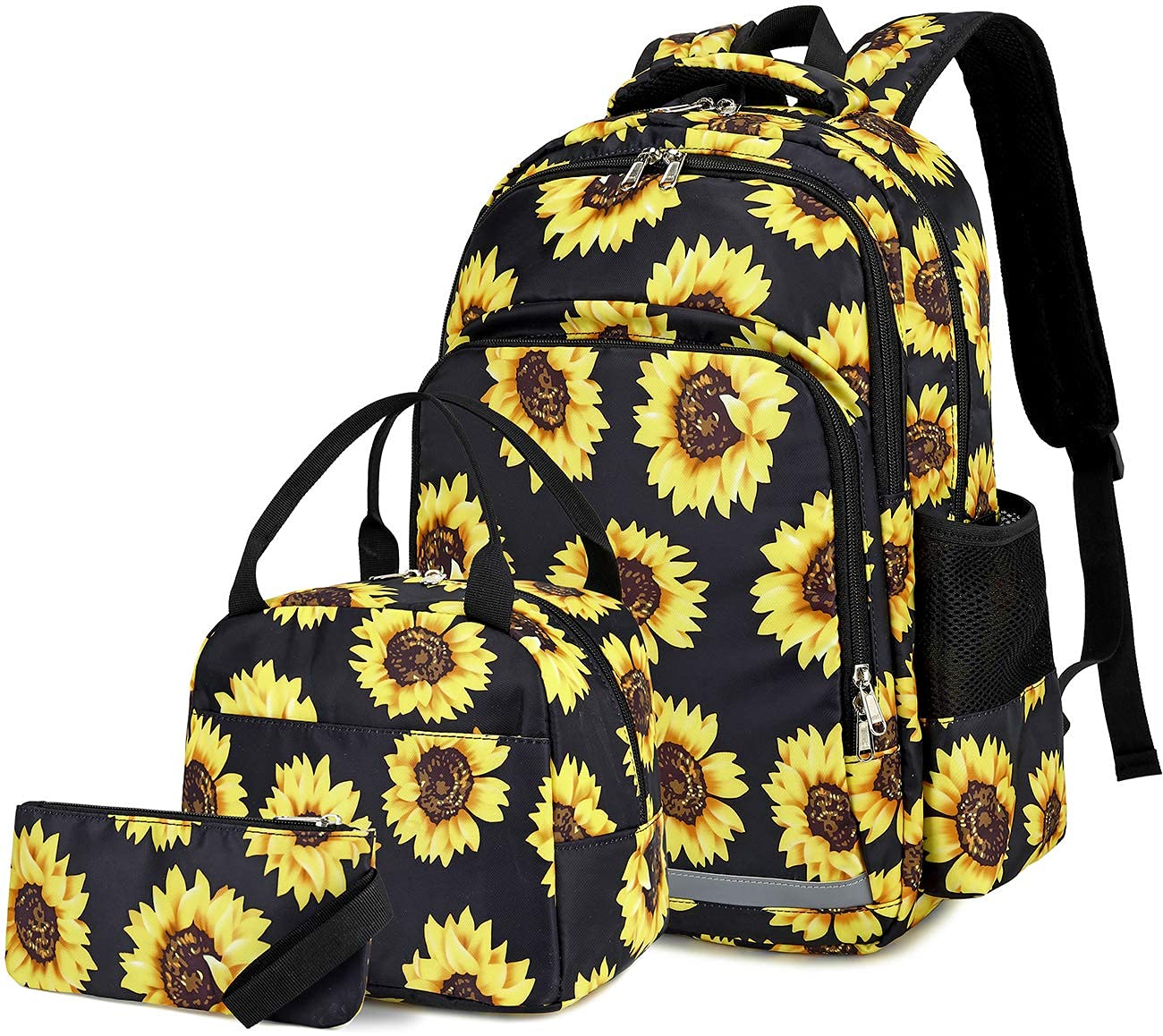 Sunflower Backpack Girls Floral School Bookbag Cute 3 in 1 Backpack Set with Insulated Lunch Box and Pencil Case (Sunflower 3 Pieces - Black)