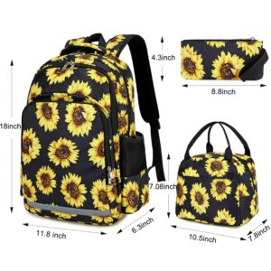 Sunflower Backpack Girls Floral School Bookbag Cute 3 in 1 Backpack Set with Insulated Lunch Box and Pencil Case (Sunflower 3 Pieces - Black)