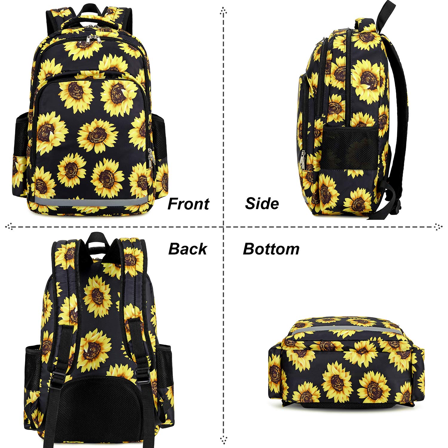 Sunflower Backpack Girls Floral School Bookbag Cute 3 in 1 Backpack Set with Insulated Lunch Box and Pencil Case (Sunflower 3 Pieces - Black)