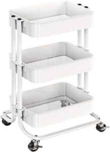 pipishell 3 tier metal rolling utility cart, heavy-duty storage rolling cart with 2 lockable wheels, multifunctional mesh organization utility cart for kitchen dining room living room (white)
