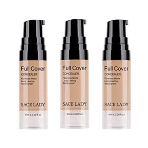 3 pack pro full cover liquid concealer, waterproof smooth matte flawless finish creamy concealer foundation for eye dark circles spot face concealer makeup, warm natural, 3×6ml/0.20fl oz