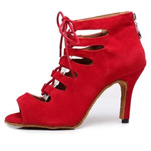 hroyl women's ballroom latin salsa dance shoes lace-up open-toe dance boots,zu-qjw6185,red-5-2899-1#-41,us9