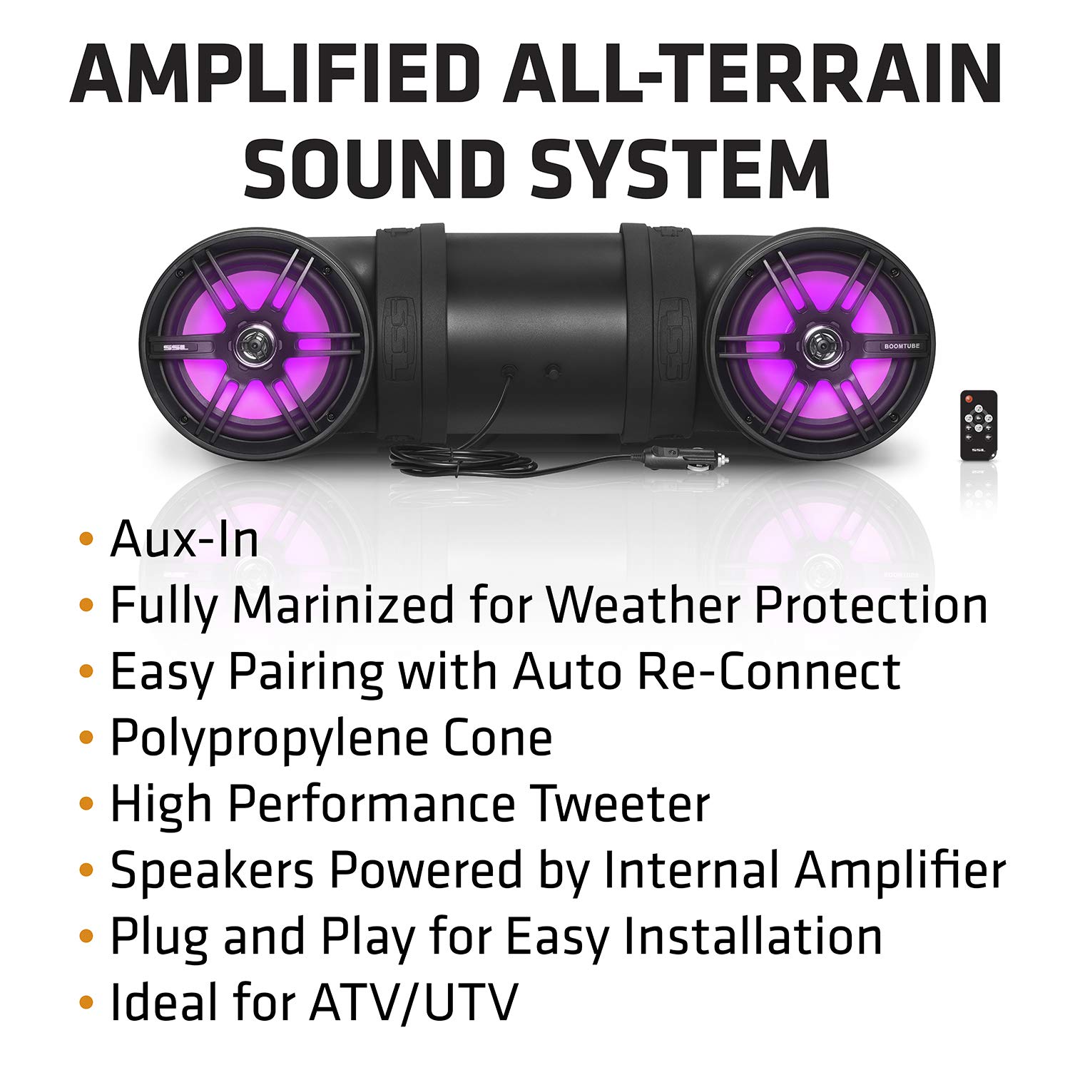 Soundstorm BTB8L 8 Inch 700W Bluetooth Amplified Marine Powersports UTV ATV Tube Speaker System with LED Lights, Black