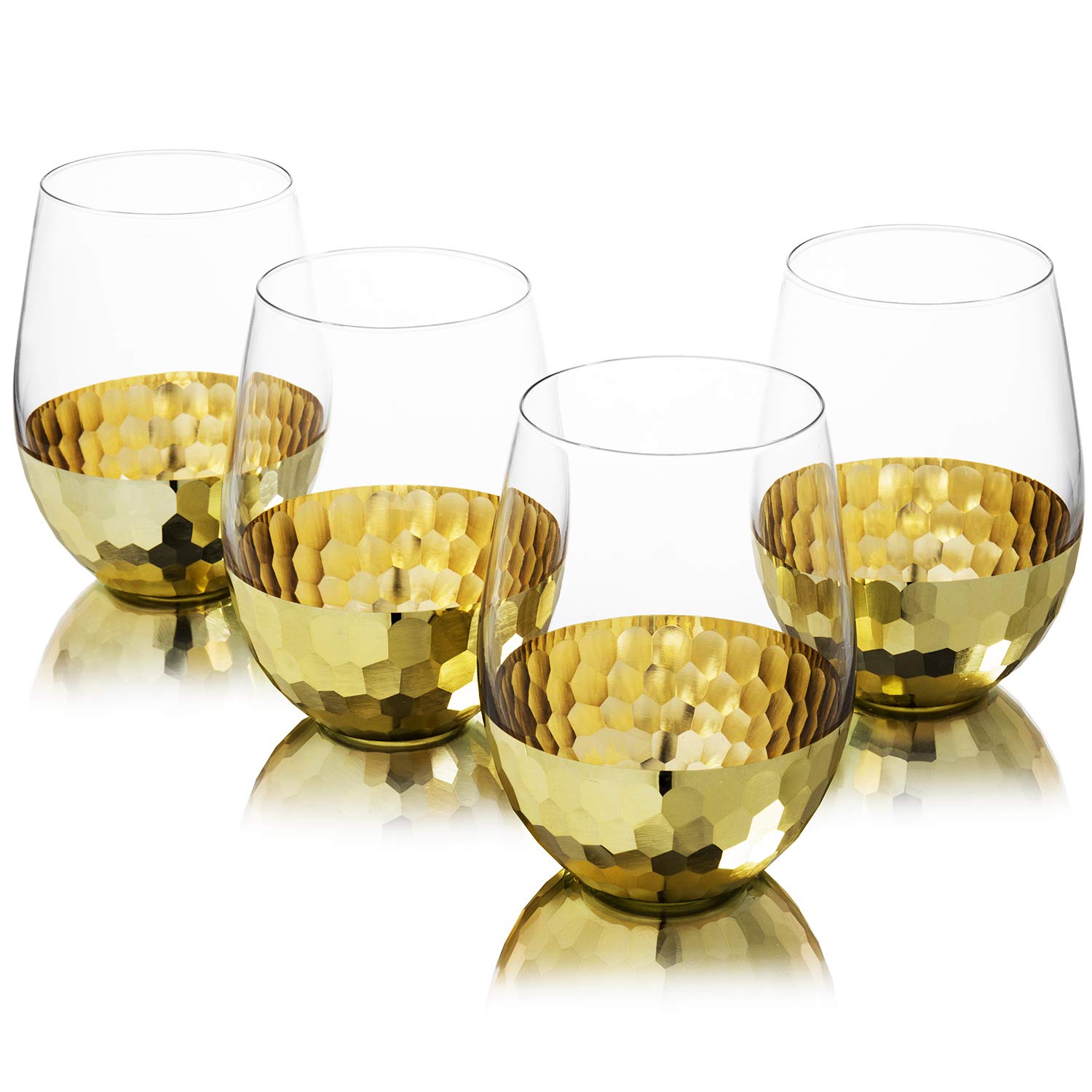 MyGift Modern Wine Glasses Stemless Set of 4 with Hammered Brass Metal Bottoms, Mimosa Glasses, Cocktail Glasses, Bridesmaid Toasting Glasses