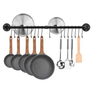 toplife 39.4 inch pot rack, kitchen wall mounted detachable pan lid utensils organizer hanging rail with 16 hooks, black