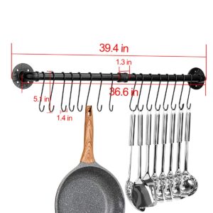 Toplife 39.4 inch Pot Rack, Kitchen Wall Mounted Detachable Pan Lid Utensils Organizer Hanging Rail with 16 Hooks, Black