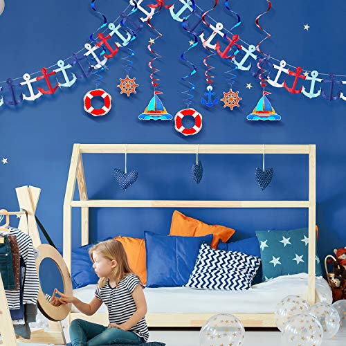 18 Pieces Nautical Birthday Party Decorations, Includes Nautical Garland Nautical Party Themed Hanging Banner and Nautical Hanging Swirl Supplies for First Birthday Boy Party Baby Shower