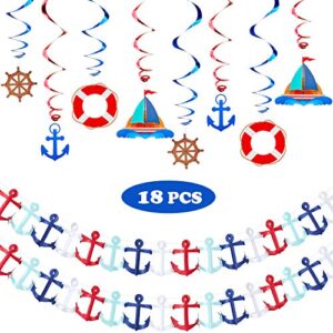 18 pieces nautical birthday party decorations, includes nautical garland nautical party themed hanging banner and nautical hanging swirl supplies for first birthday boy party baby shower