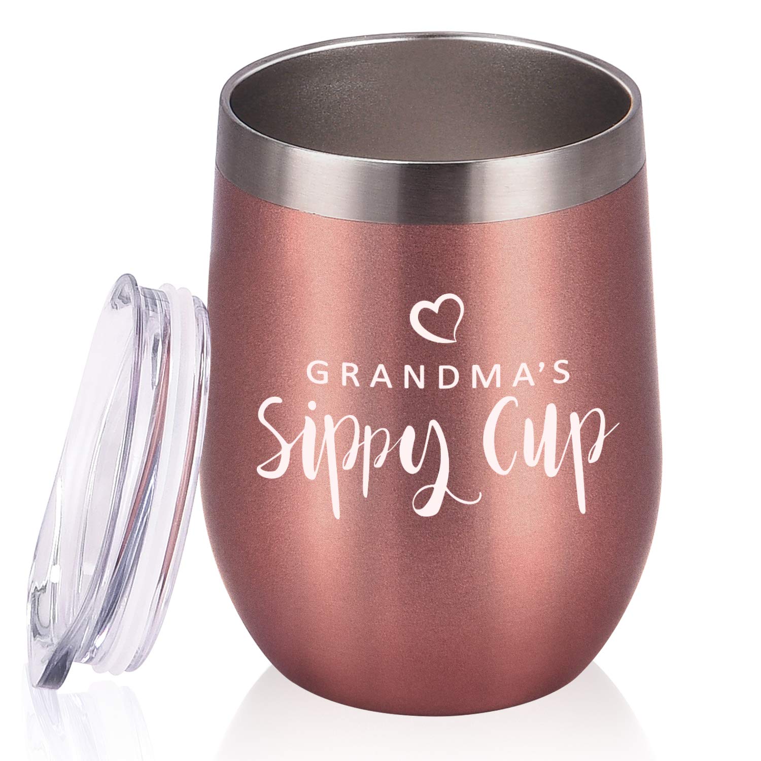 GINGPROUS Grandma's Sippy Cup Wine Tumbler with Lid, Grandma Gifts for Women Mother's Day Birthday, Insulated Stainless Steel Wine Tumbler with Straw and Cleaning Brush (12Oz, Rose Gold)