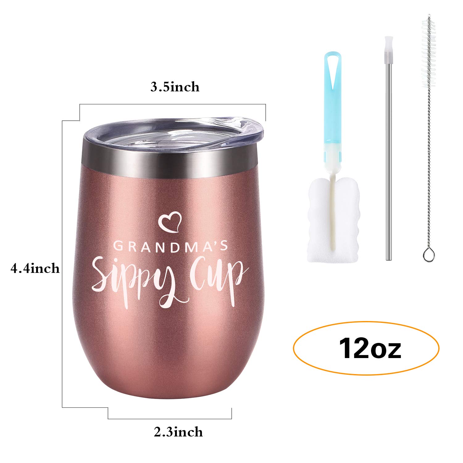 GINGPROUS Grandma's Sippy Cup Wine Tumbler with Lid, Grandma Gifts for Women Mother's Day Birthday, Insulated Stainless Steel Wine Tumbler with Straw and Cleaning Brush (12Oz, Rose Gold)