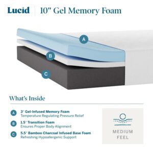 LUCID 10 Inch Memory Foam Mattress - RV Trailer & Camper Mattress - Medium Feel - Bamboo Charcoal and Gel Infusion - Hypoallergenic - Bed in a Box - Temperature Regulating - Short Queen Size