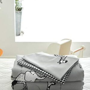 Flysheep 4 Piece Gray Grey Toddler Bedding Set with Multi Animals Printed for Baby Boys - Includes Quilted Comforter, Flat Sheet, Fitted Sheet & Pillow Case, Soft & Comfortable Microfiber