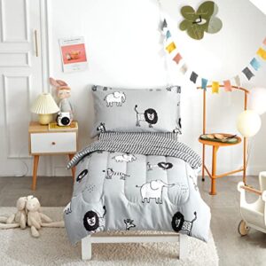 flysheep 4 piece gray grey toddler bedding set with multi animals printed for baby boys - includes quilted comforter, flat sheet, fitted sheet & pillow case, soft & comfortable microfiber