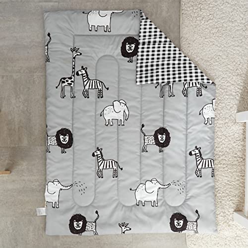 Flysheep 4 Piece Gray Grey Toddler Bedding Set with Multi Animals Printed for Baby Boys - Includes Quilted Comforter, Flat Sheet, Fitted Sheet & Pillow Case, Soft & Comfortable Microfiber
