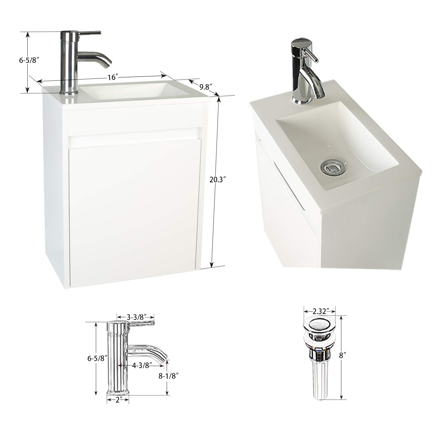 UEV 16" Small Bathroom Vanity Wall Mounted,White Small Bathroom Vanity with Ceramic Sink,Bathroom Vanity and Sink Combo,Chrome Faucet P-Trap Include (White)