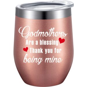 wine tumbler godmother appreciation gift godmothers are a blessing thank you for being mine, baptism gift wine glass tumbler with lid, straw and gift box (rose gold)