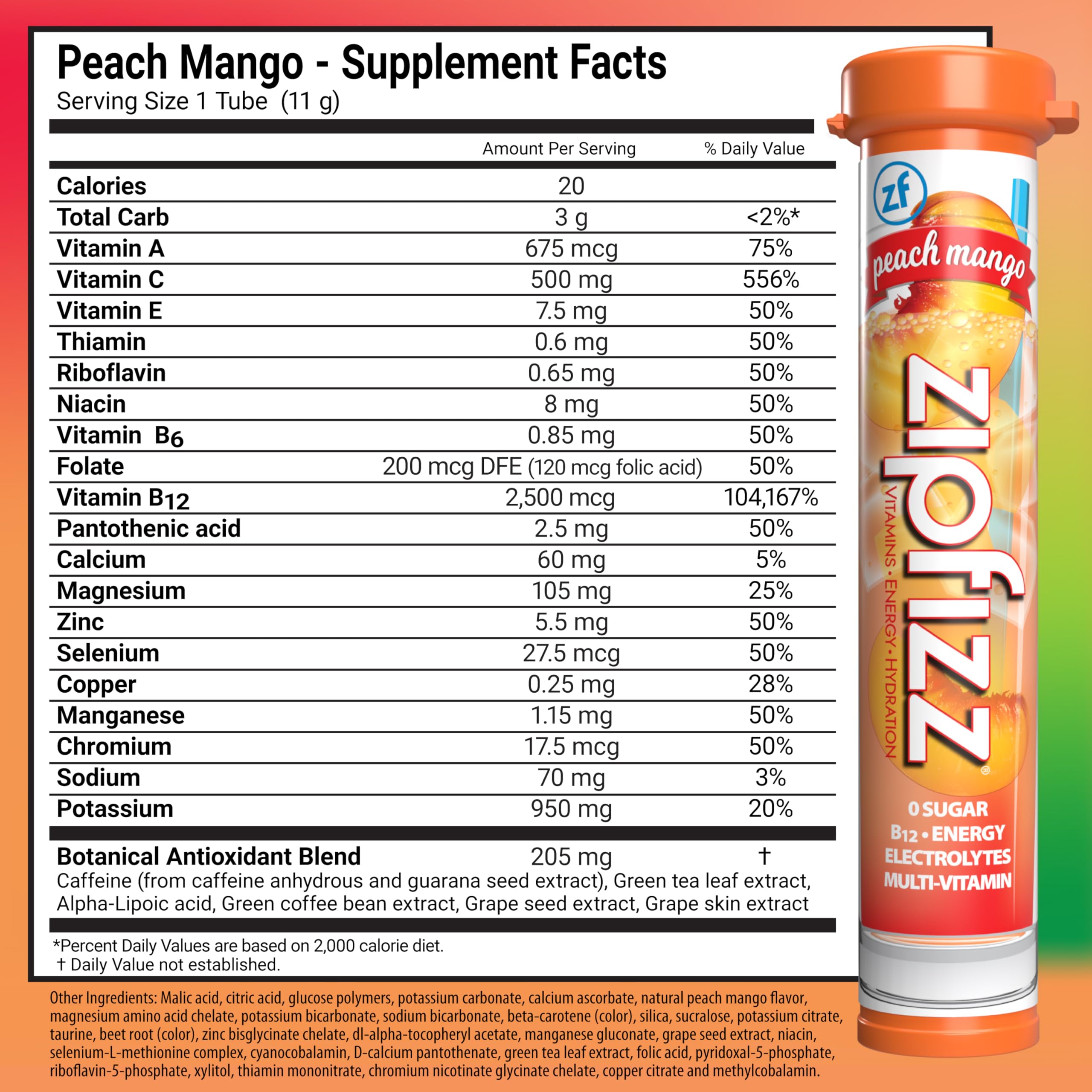 Zipfizz Energy Drink Mix, Electrolyte Hydration Powder with B12 and Multi Vitamin, Peach Mango (20 Count)