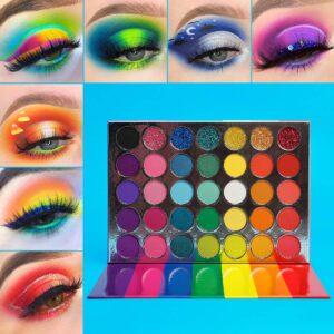 Afflano Rainbow Eyeshadow Palette Matte Shimmer Pressed Glitter, Pigmented Colorful Eye Shadow Pallets, Pink Red Orange Yellow Green Blue Purple 35 Color, Blendable Bright Makeup Palette