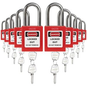 tradesafe lockout tagout lock sets, 10 red keyed alike safety padlocks, 2 keys per lock, osha compliant loto locks, for lock out tag out stations - premium grade