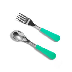 Avanchy Baby Spoons and Forks Stainless Steel and Silicone Set, Self Feeding Food Utensils, 4 Months Baby Led Weaning, 2 Pack, Green Spoon, Fork