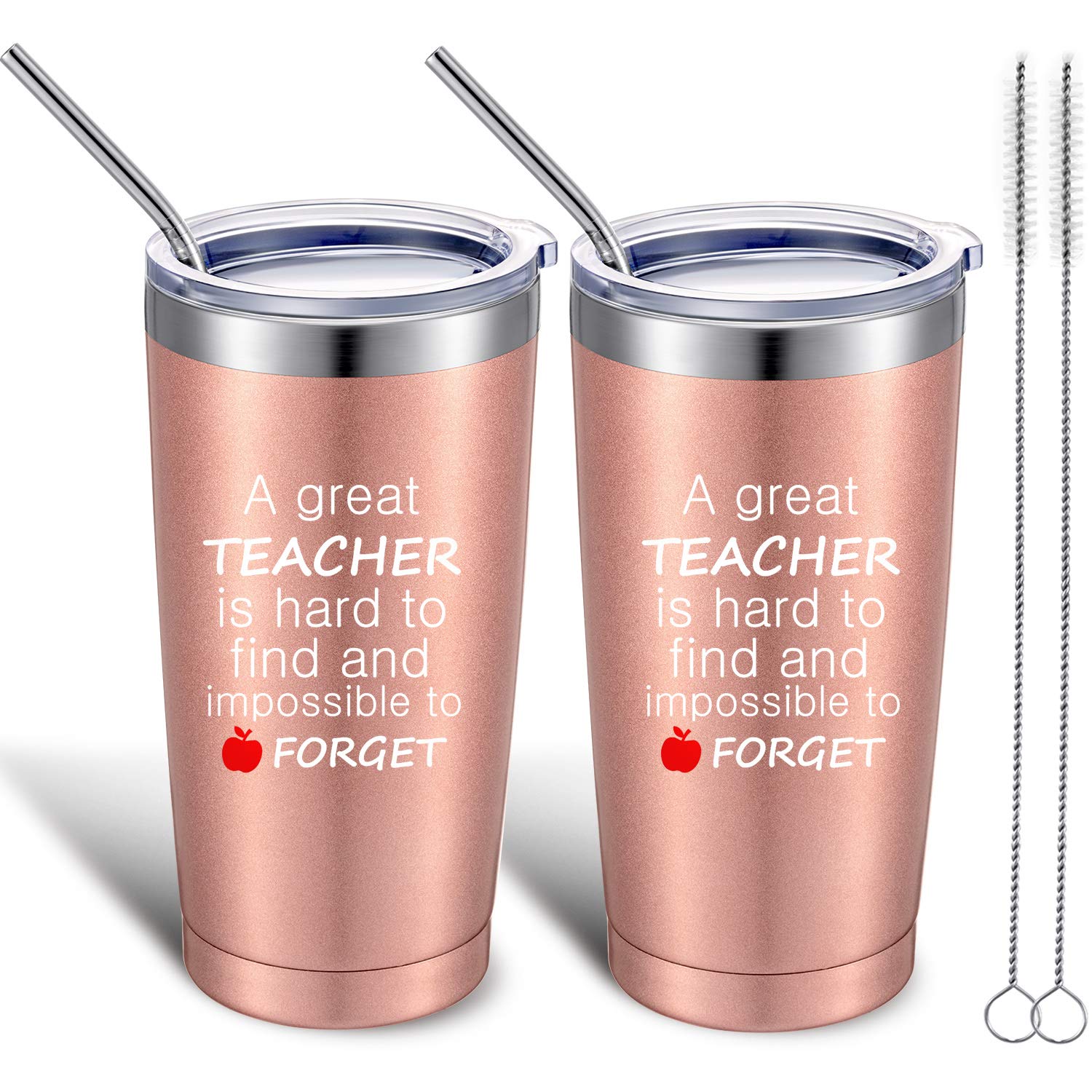 2 Pack Thank You Teacher Appreciation Gifts for Women Teacher, a Great Teacher Is Hard to Find and Impossible to Forget Coffee Cup Travel Mug for Christmas, 20 oz Vacuum Insulation Tumbler (Rose Gold)