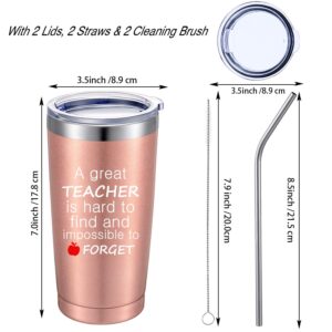 2 Pack Thank You Teacher Appreciation Gifts for Women Teacher, a Great Teacher Is Hard to Find and Impossible to Forget Coffee Cup Travel Mug for Christmas, 20 oz Vacuum Insulation Tumbler (Rose Gold)