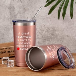 2 Pack Thank You Teacher Appreciation Gifts for Women Teacher, a Great Teacher Is Hard to Find and Impossible to Forget Coffee Cup Travel Mug for Christmas, 20 oz Vacuum Insulation Tumbler (Rose Gold)