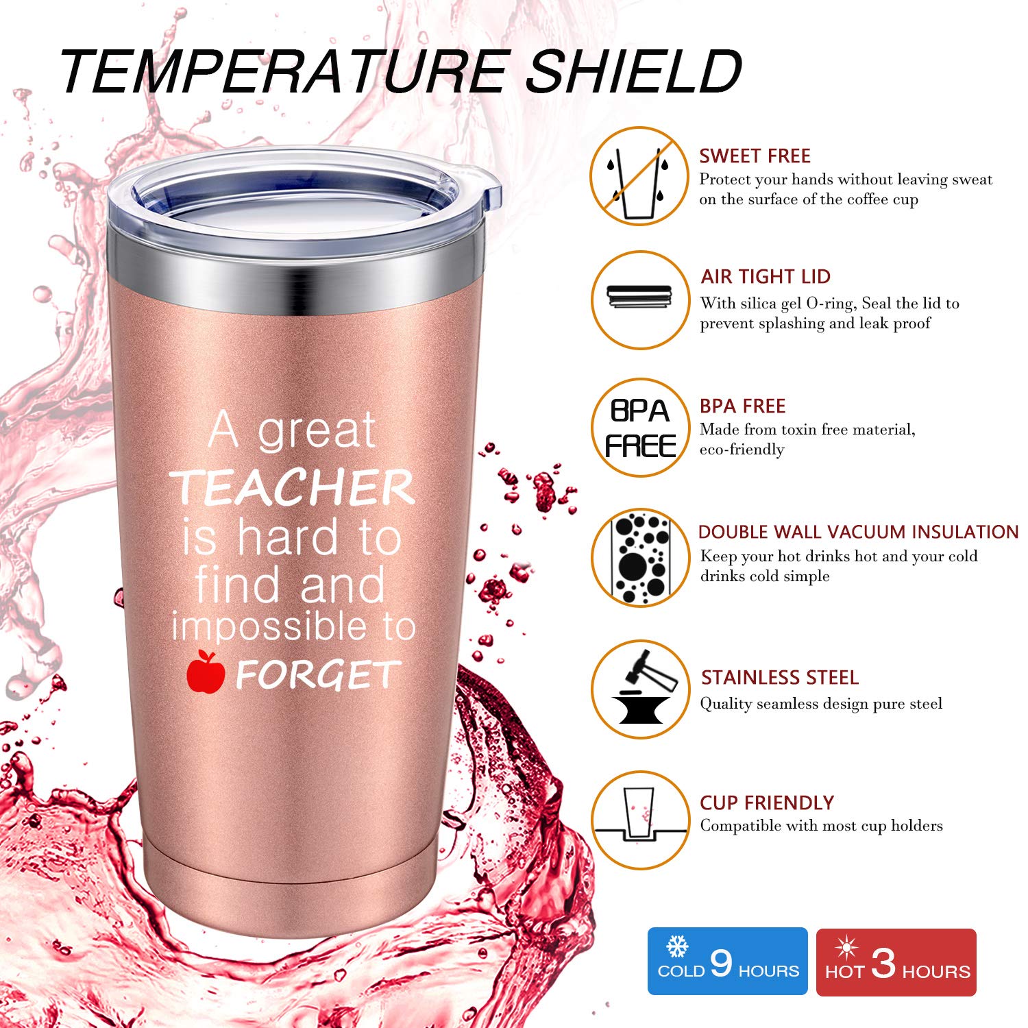 2 Pack Thank You Teacher Appreciation Gifts for Women Teacher, a Great Teacher Is Hard to Find and Impossible to Forget Coffee Cup Travel Mug for Christmas, 20 oz Vacuum Insulation Tumbler (Rose Gold)