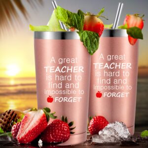 2 Pack Thank You Teacher Appreciation Gifts for Women Teacher, a Great Teacher Is Hard to Find and Impossible to Forget Coffee Cup Travel Mug for Christmas, 20 oz Vacuum Insulation Tumbler (Rose Gold)