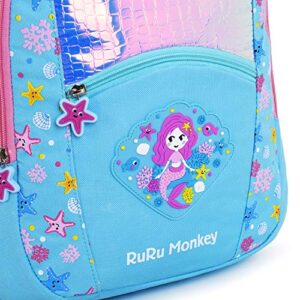 RuRu monkey Kids Backpack for Girls - Perfect for Kindergarten, Preschool & Lower Elementary Students (Ages 4-10) - Mermaid Kids Bookbag - Medium (16.5" Tall)