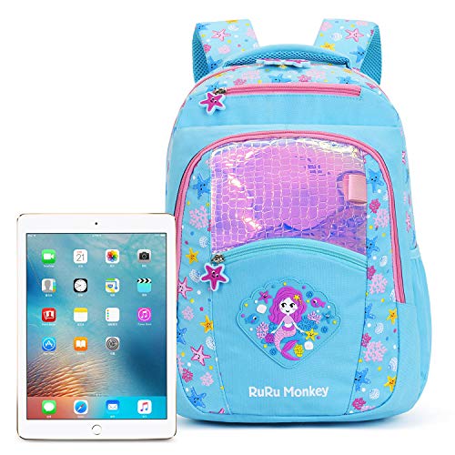 RuRu monkey Kids Backpack for Girls - Perfect for Kindergarten, Preschool & Lower Elementary Students (Ages 4-10) - Mermaid Kids Bookbag - Medium (16.5" Tall)