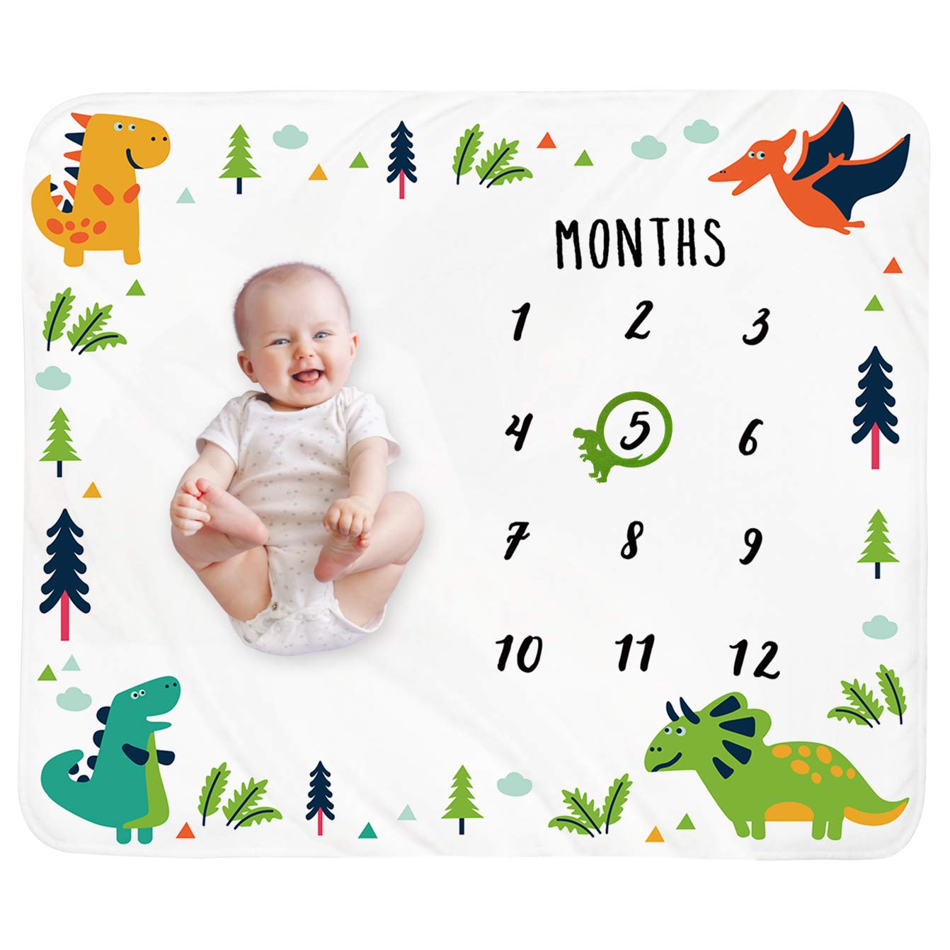 Baby Monthly Milestone Blanket Boy - Dinosaur Neutral Newborn Month Blanket for Boy & Girl Personalized Shower Gift Soft Plush Fleece Photography Background Prop with Frame Large 47''x40''