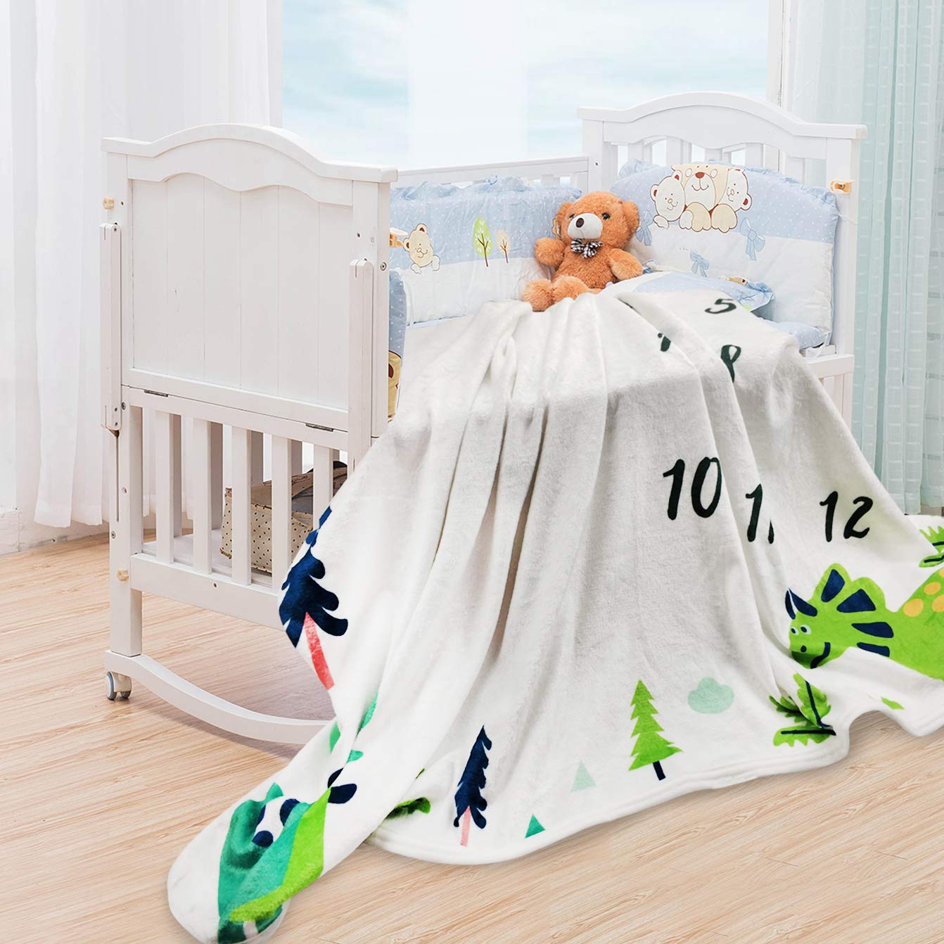 Baby Monthly Milestone Blanket Boy - Dinosaur Neutral Newborn Month Blanket for Boy & Girl Personalized Shower Gift Soft Plush Fleece Photography Background Prop with Frame Large 47''x40''