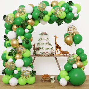 rubfac 134pcs jungle safari balloons garland arch kit, green and gold white confetti balloons with artificial tropical palm leaves for birthday baby shower wild one animal dinosaur theme decoration