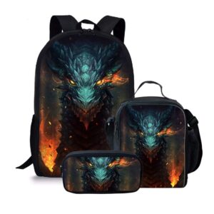 amzbeauty cool dragon backpack with lunch bag pencil case, 3 pcs bookbags sets, best gifts for school children/kids/boys/girls