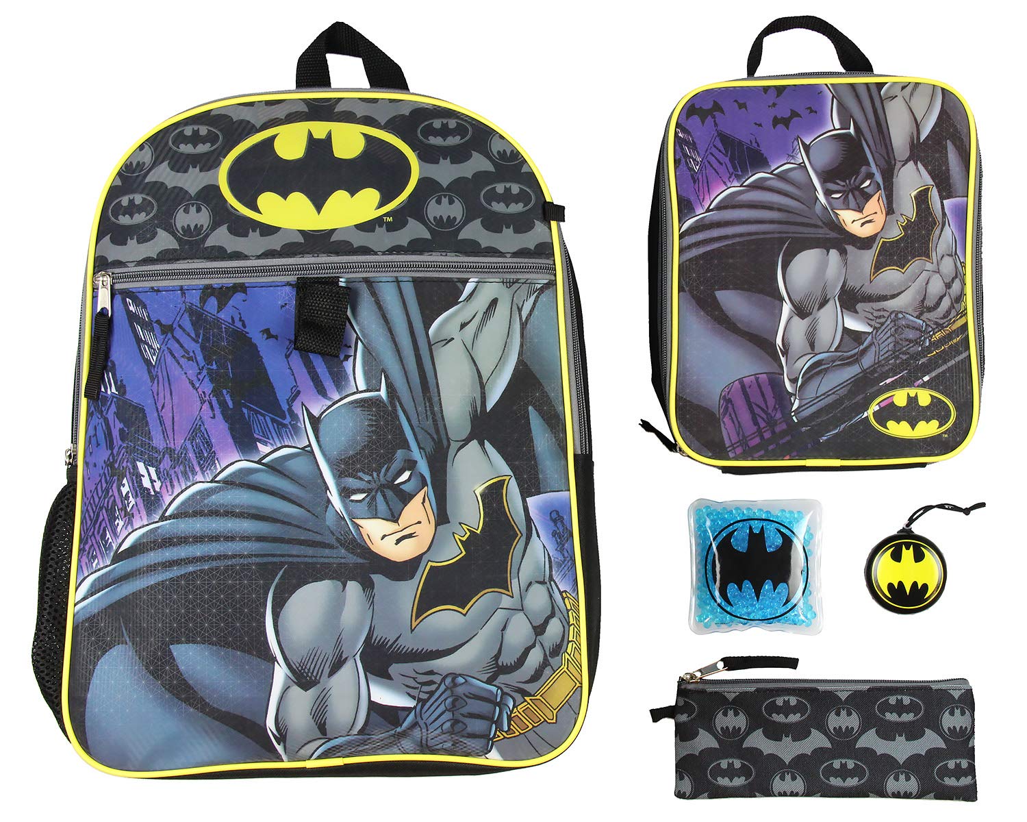 Bioworld Batman 16" Backpack 5 PC Classic Comic Design Combo Set